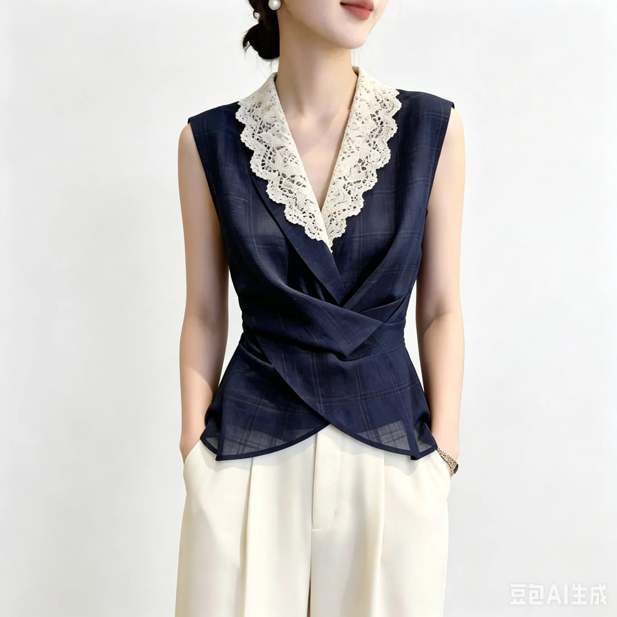 Elegant Office Navy Plaid Wrap Vest White Scallop Lace Lapel V Neck Cross Twist Fitted Waist Sleeveless Women Casual Blouse Top