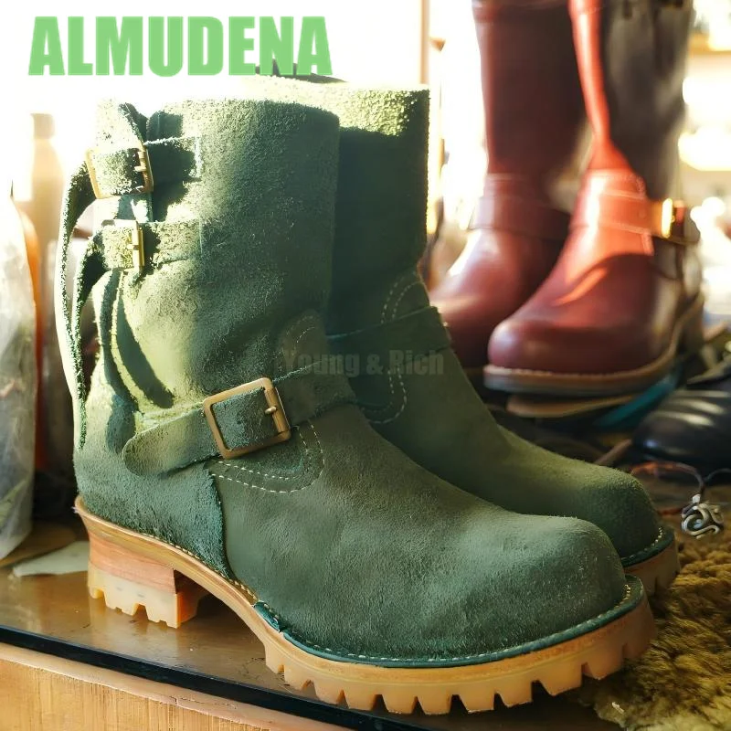 Suede Military Green Motorcycle Boots Metal Belt Buckle Knight Boots Trendy Men's Minimalist Sleeve Height Increasing Boots