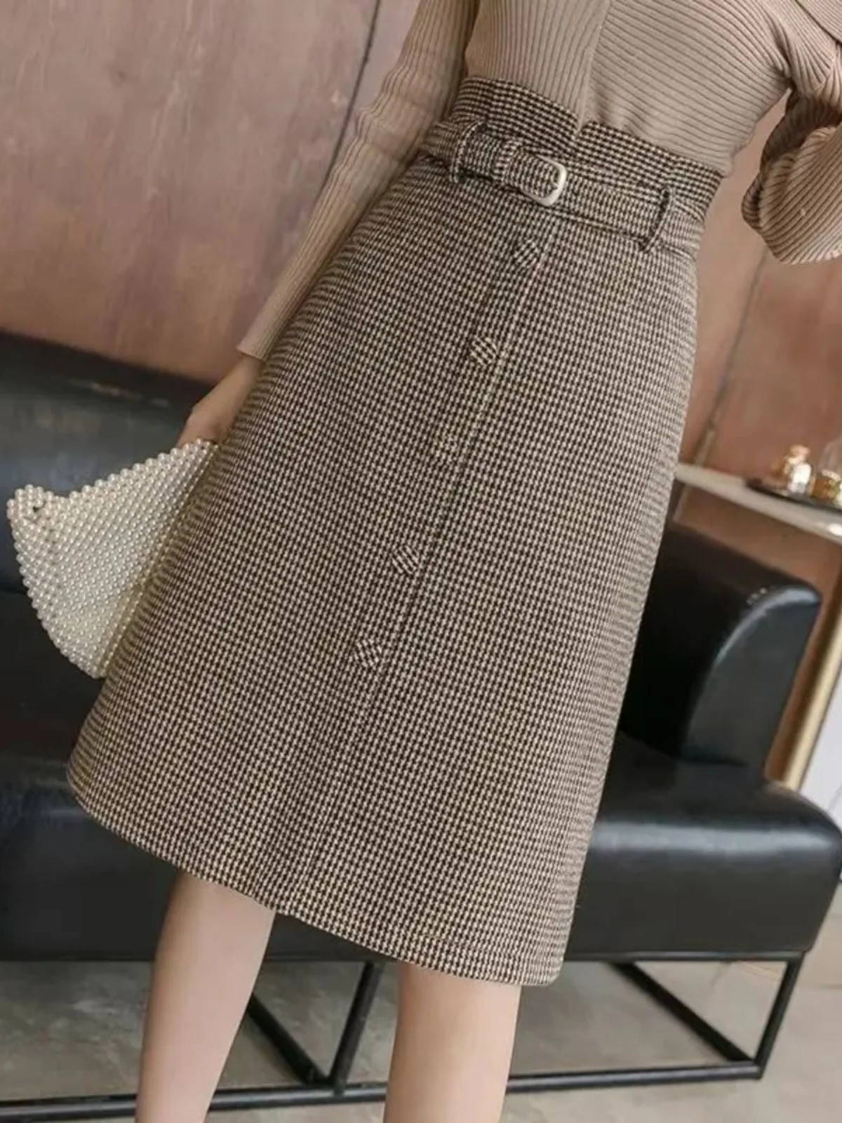 

Шерстяная юбка в клетку с высокой талией для женщин. Женская классическая юбка трапециевидной формы Ele Preppy Sle Spring Faion 2025 г.