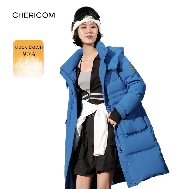Chericom ミッドレングス ダウンジャケット スタンドカラー フード付き キルティングデザイン 大きなフラップポケット 冬用 レディース ヘビーウェイト コート Y289097Y