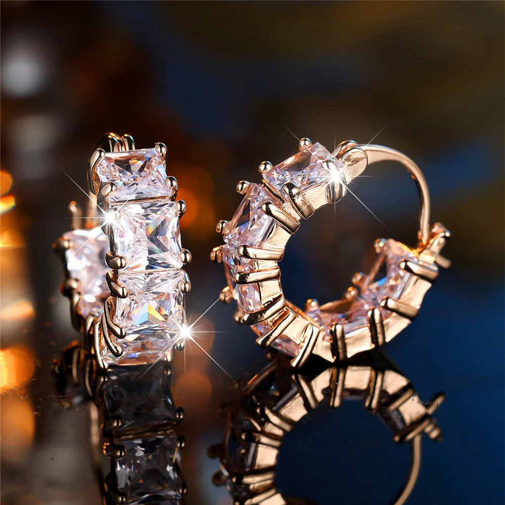 Crystal Green White Blue Square Zircon Stone Hoop Earrings For Women Fashion Female Gold Color Wedding Jewelry