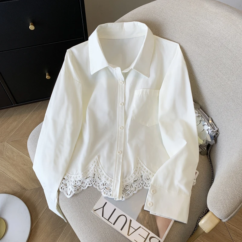 エレガントなフレンチスタイルの長袖シャツ、女性用、ターンダウンカラー、ルーズフィット、透かし彫りレースのトリムブラウス、カジュアルな韓国風シックなトップス
