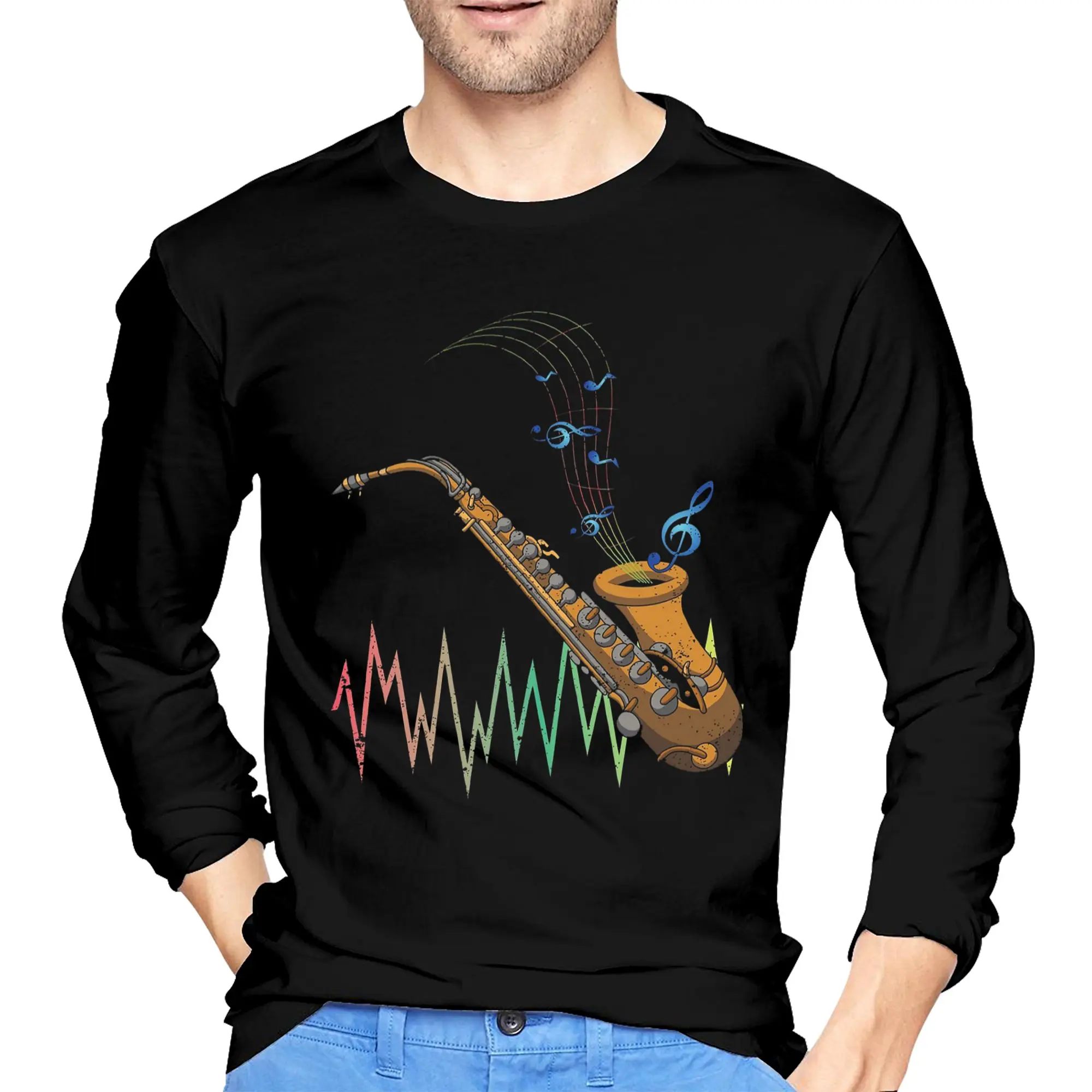 

Саксофонист Музыка Искусство Девушки Y2k Графика Мужская футболка с длинными рукавами Модные футболки с круглым вырезом Весенние и осенние мужские топы