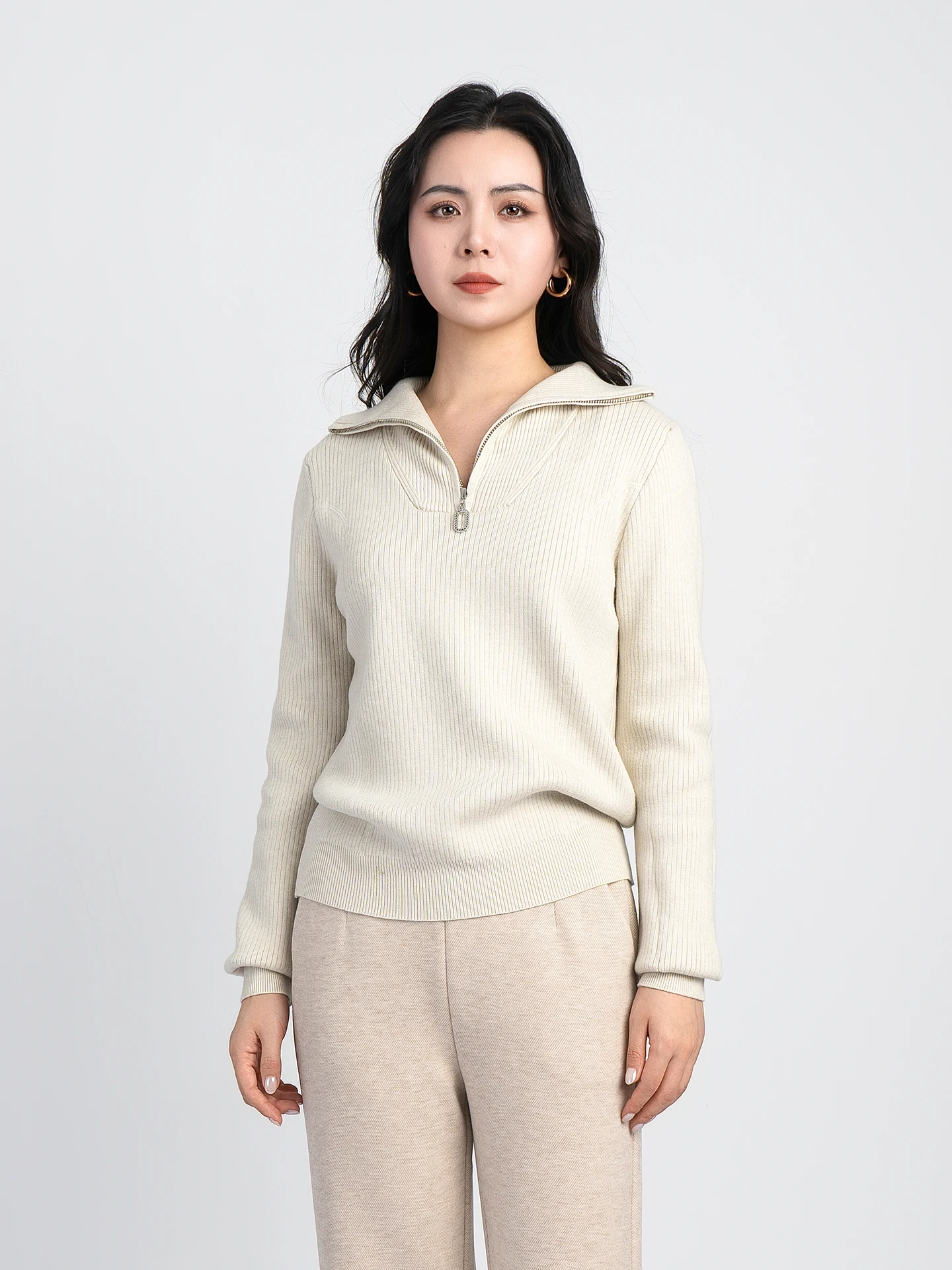 

Простой вязаный свитер с длинными рукавами и воротником на молнии для женщин, зимняя новинка, универсальная повседневная модная одежда для девушек