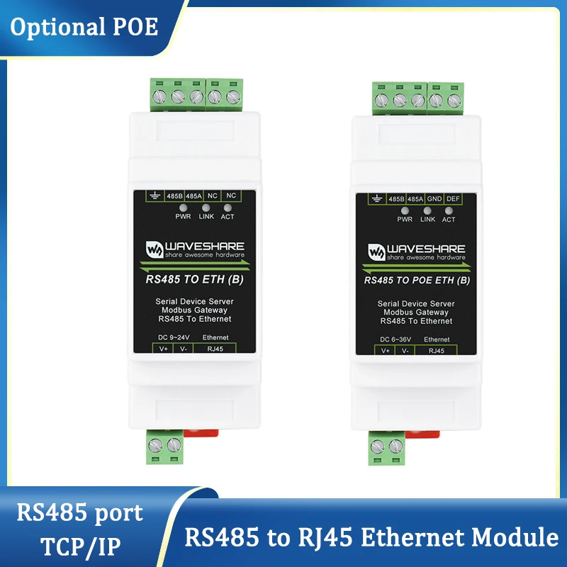 

RS485 to RJ45 Ethernet Module Industrial Serial Server TCP/IP to Serial Support Rail-Mount Modbus Gateway Optional POE Function