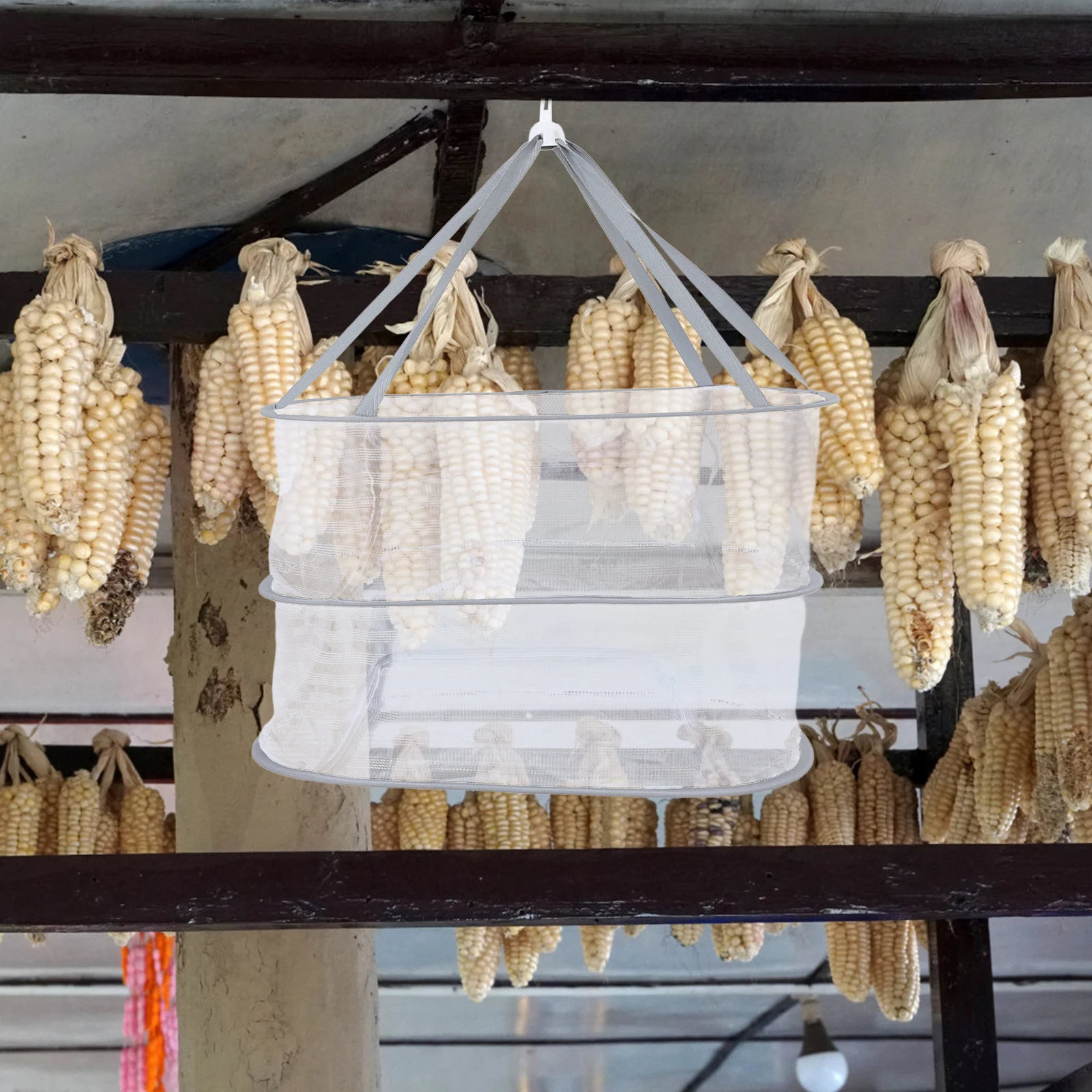

Foldable Net Hanging Food 2-Layer Mesh Plants Dry Basket For Vegetables Fish Flower Spice Outdoor Use Ventilation