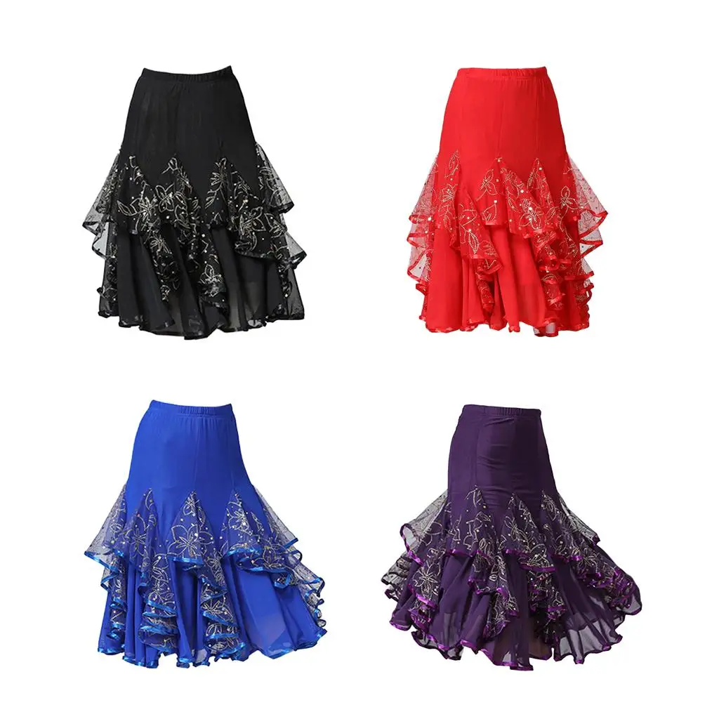 Latin Dance Skirt Mesh Net Midi Swing Sequined Dancewear Dress Ballroom Tango Cha Cha Waltz for Party