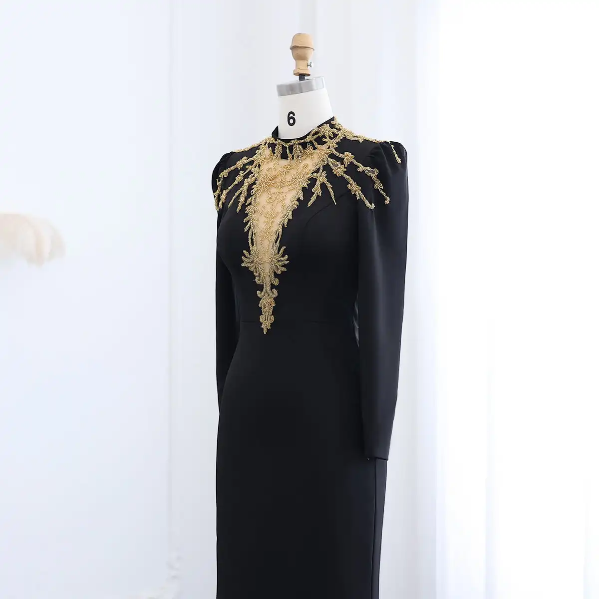 Jancember Elegant High Neck Long Sleeves Arabic Black Evening Dresses Gold Beaded Muslim Dubai Women Formal Party Gowns LSZ217