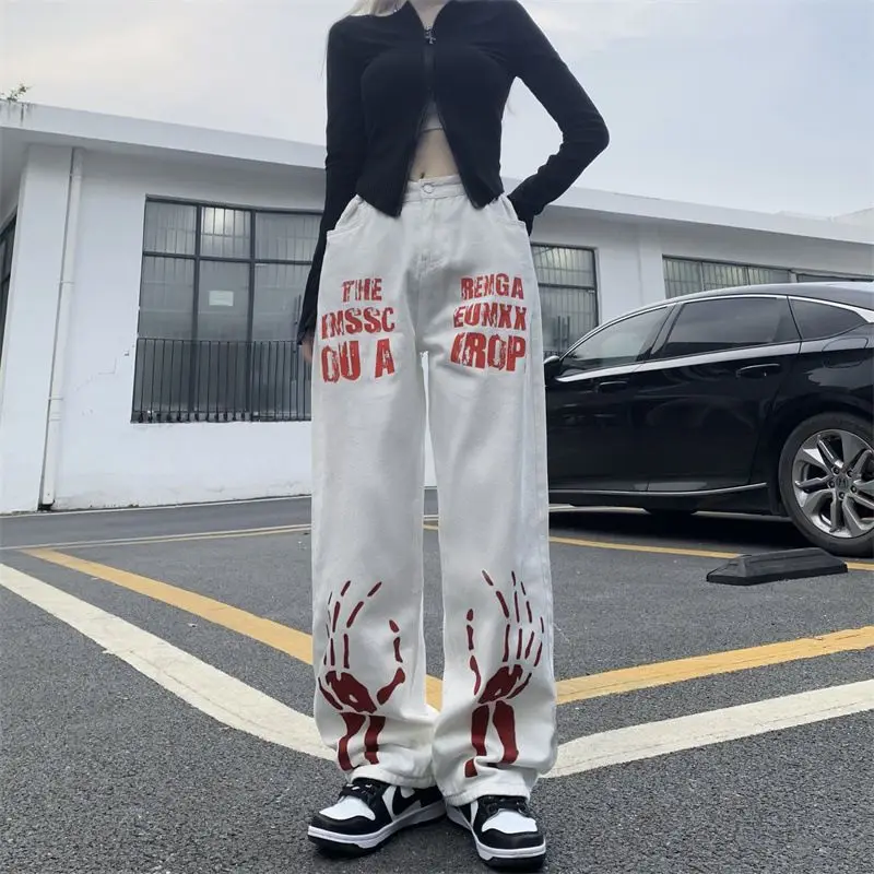 American style men and women trendy high street personalized skull letter printed jeans straight leg wide leg casual pants y2k