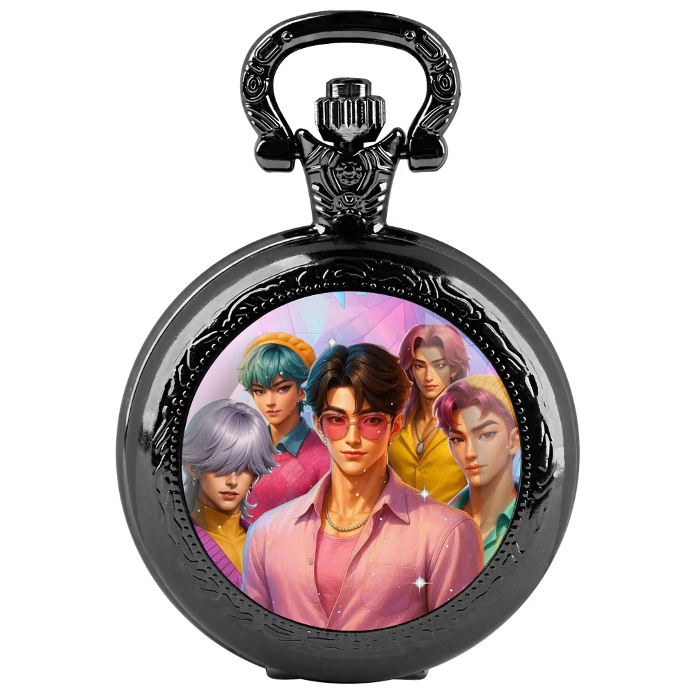 K-Pop: Demon Hunters Glass-Dome Quartz Pocket Watch Arabic Dial Chain Spooky Halloween Gift for All