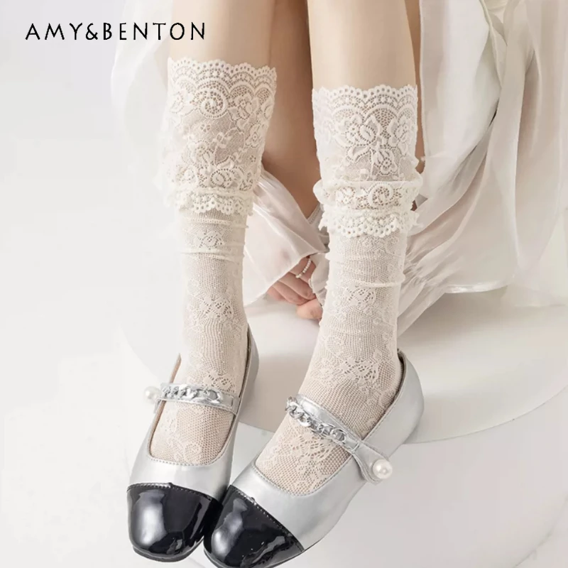 

Micro-transparent White Black Splicing Strap Hollow Out Women's Knee Socks Retro Design Spring Summer Lace Calf Socks Ladies