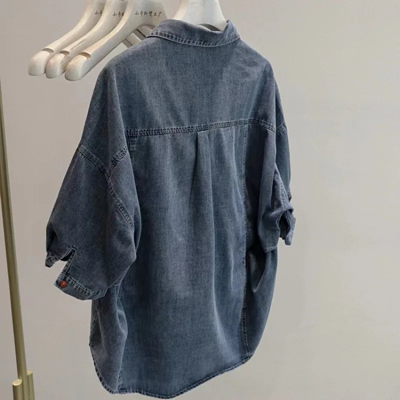 Verão manga curta denim camisa chique feminino laple único breasted solto topo coreano retro versátil camisas jeans masculinas