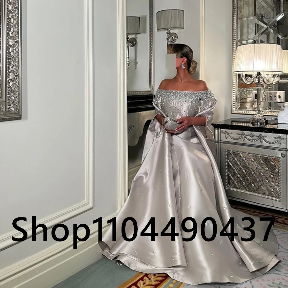 Customized Boat Neck Silver Satin A-line Evening Dress Sequined Beading Sleeveless Backless Floor Length Pageant Party Prom Gown image 3