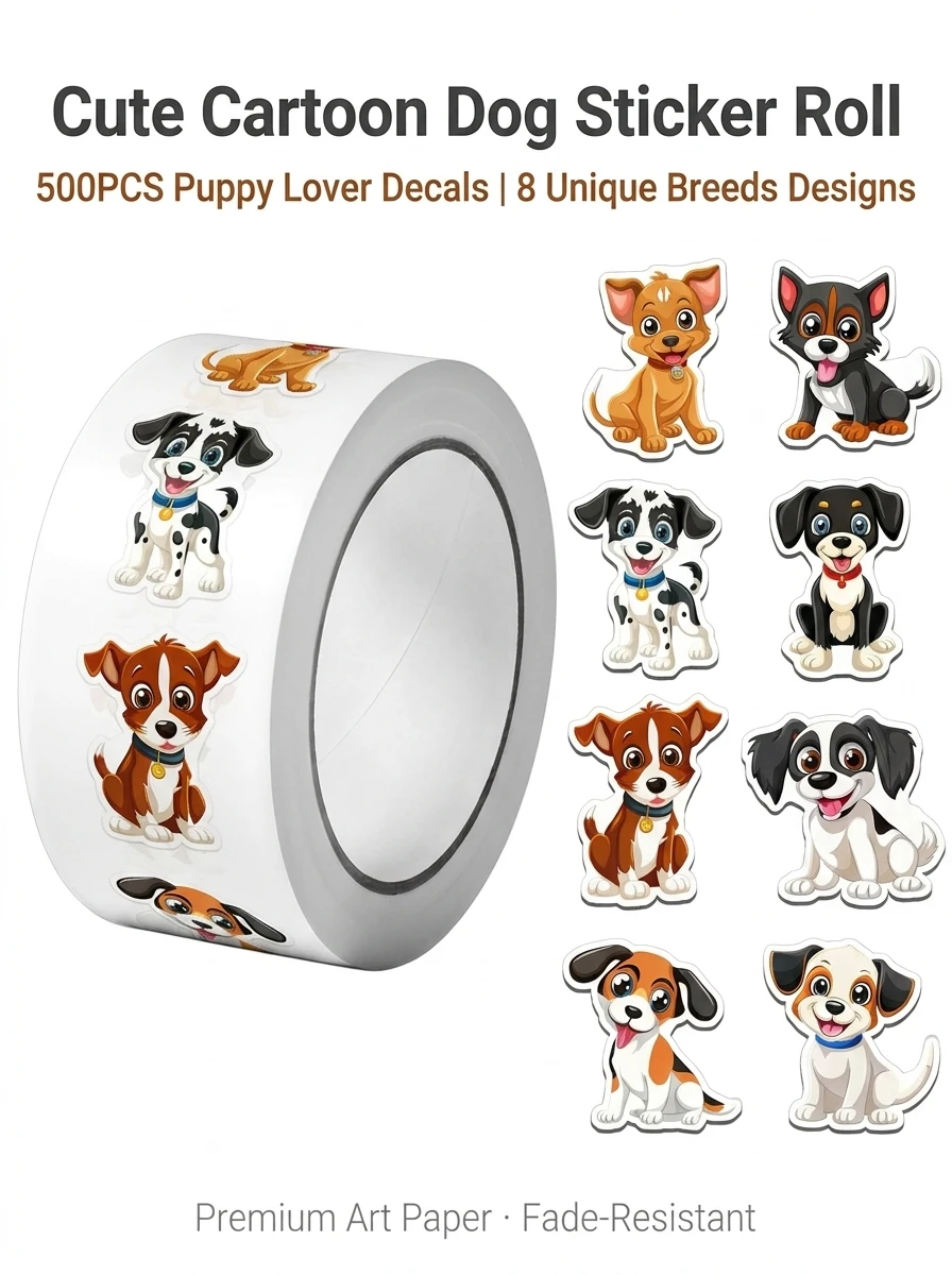 500Pcs/Roll Cute Pet Dogs Stickers 2.5cm/1.0'' 8 Designs Decals Diy Adorn Gifts Suitable for Various Packaging Home Decoration