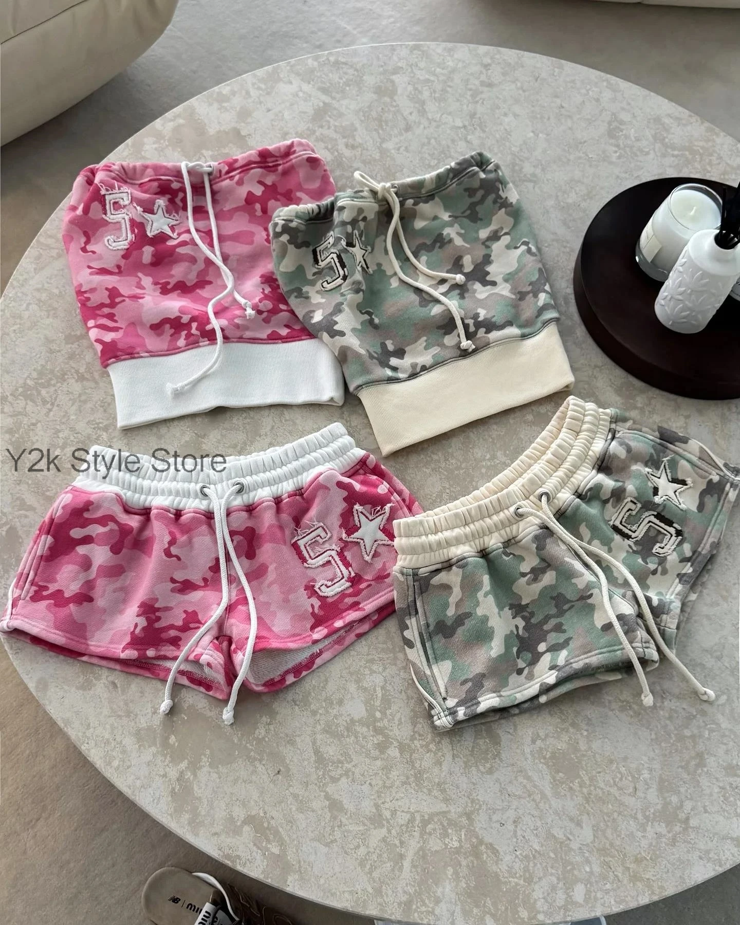 

Y2K Streetwear New Two Piece Set Fashion Harajuku Women Hip Hop Retro Pink Camouflage Sexy Strapless Short Top Mini Sport Pants