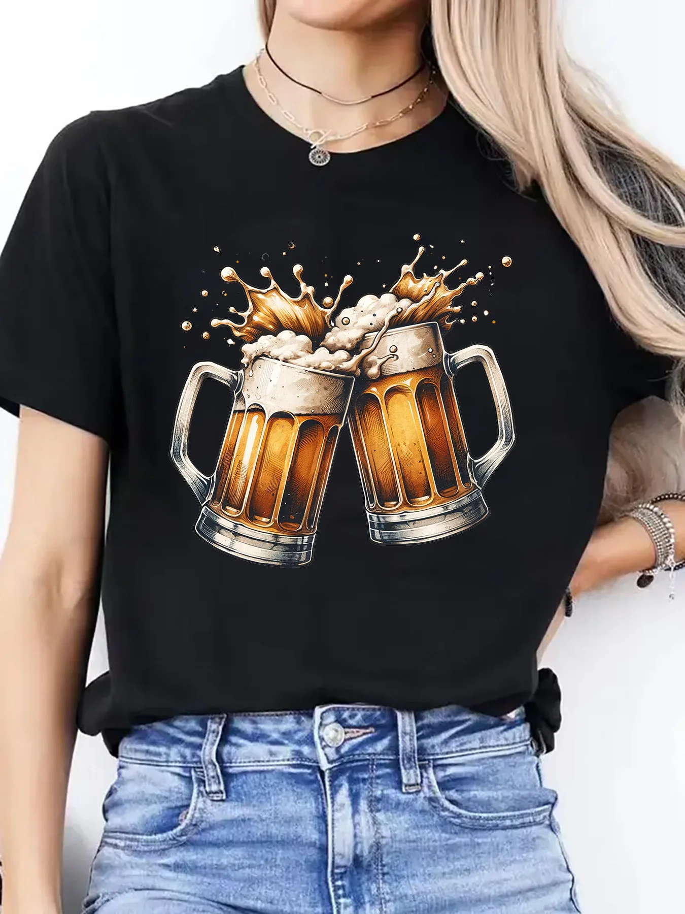 Women Crew Neck Tee Beer Mugs Cheers Graphic Print Short Sleeve Loose Ladies Summer Soft Cotton Plus Size Casual Street Top
