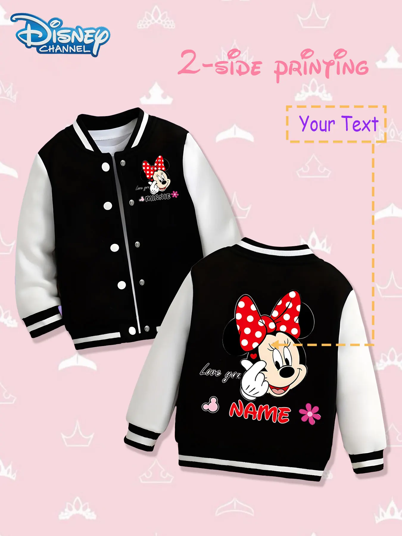 

MINISO Disney Minnie Cute Children's Baseball Jacket - Double-sided printing shows the classic Minnie shape, the red and white c