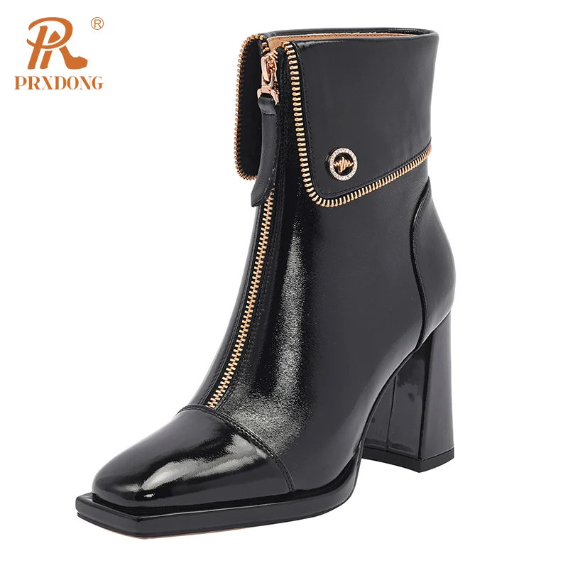 PRXDONG New Brand Genuine Leather Shoes Woman Ankle Boots Chunky High Heels Platform Black WHite Dress Party Female Lady Zipper