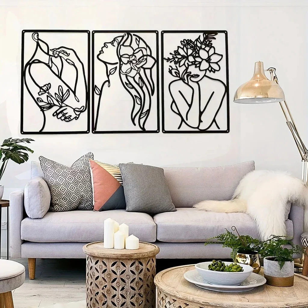 

Crafts 3pcs Metal Wall Art Decor Minimalist Abstract Woman Wall Art Modern Line Drawing Wall Art Decor Female Single Line Decor