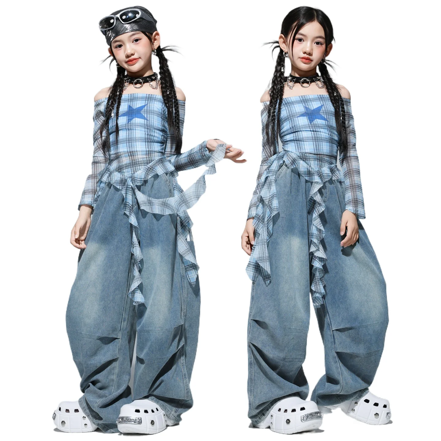 Girls K-pop Blue Plaid Star Off Shoulder Tops Ripped Pants Kids Hip Hop Jazz Clothes Set Children Streetwear Girl Group Costumes
