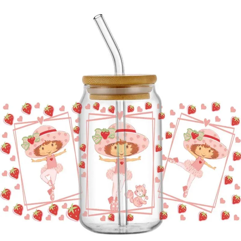 

Hot 16oz UV DTF Cup Wrap Cartoon strawberry girl Libbey Glass Beer Can Tumbler Transfer Sticker Waterproof Permanent Adhesive