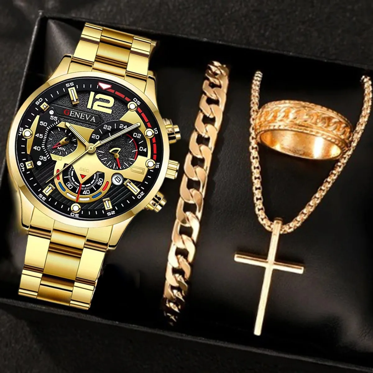 

4-piece Retro Men's Fashion Accessories Set, with Cross Necklace, Ring and Bracelet Chain, Suitable for All Occasions.