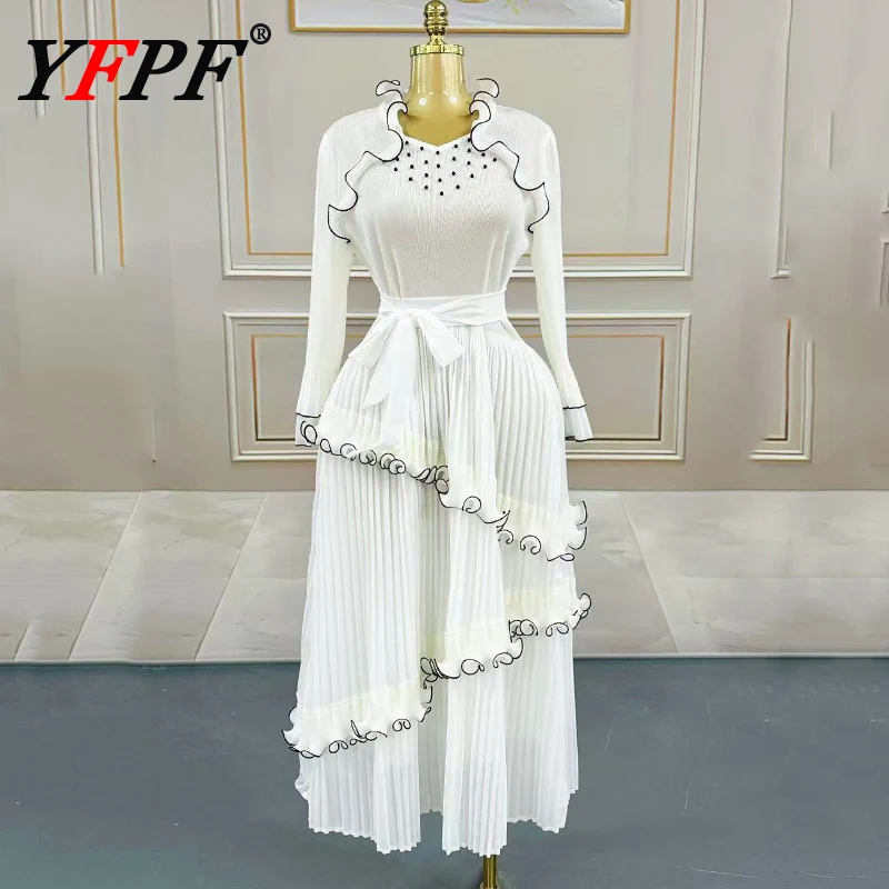 

YFPF Miyake Pleated Women Dress Fashion Irregular Ruffles Patchwork Design High Waist A Line Evening Dresses 2025 New Clothing