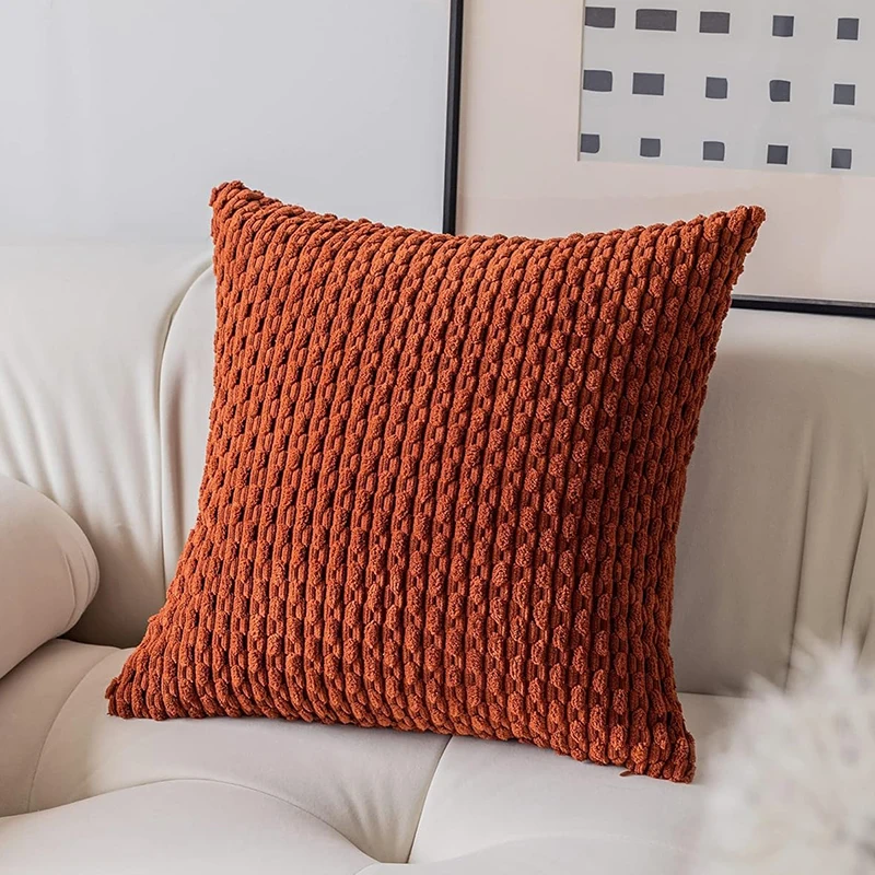 Boho Striped Decorative Throw Pillow Covers, Soft Corduroy Double-sided Fluffy Farmhouse Couch Pillow Covers, Orange 40/45/50CM