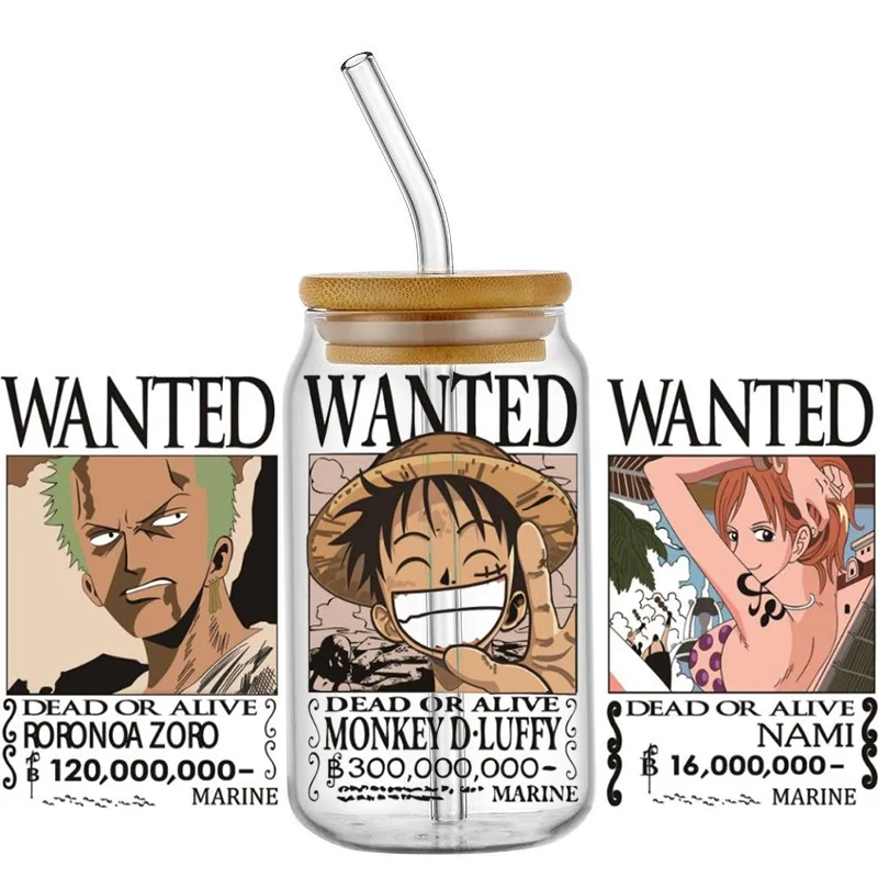 Beliebter Anime One Piece 16oz UV DTF 3D Transfer Cartoon Aufkleber Folie für Glasbecher Basteln DIY Kreativ