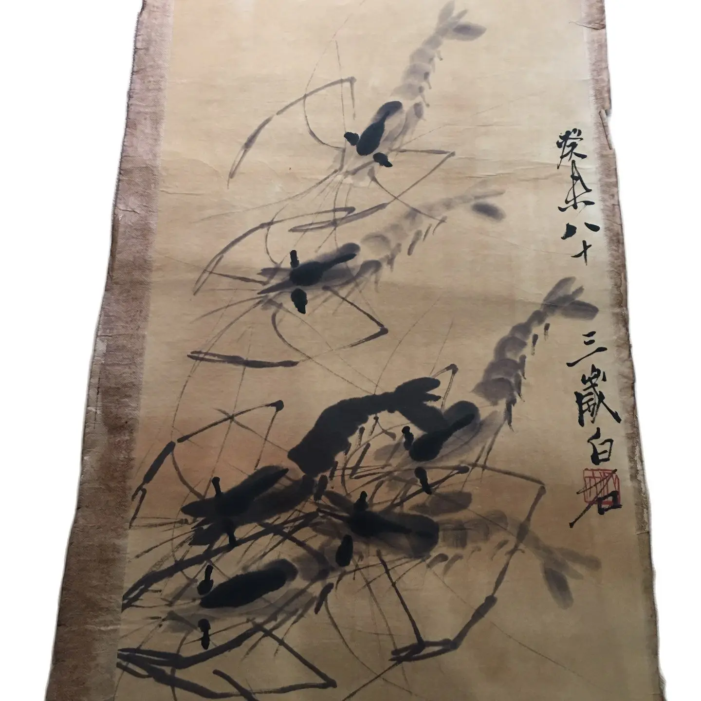 Hand Painted Old Chinese Calligraphy Scroll 'Qi Baishi Shrimp' Slice - Traditional Artwork for Decor