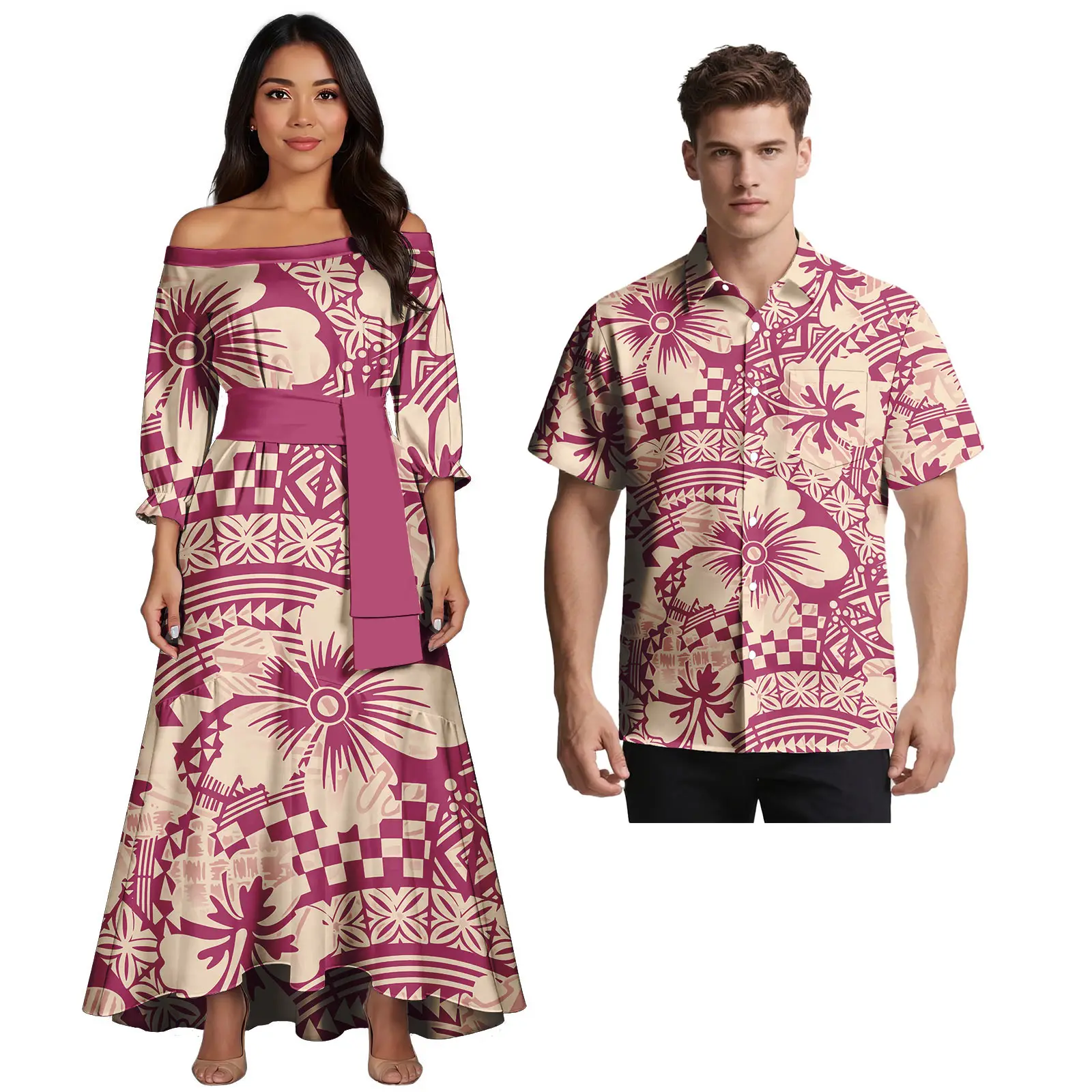 Abbigliamento per coppie Set da due pezzi Abbigliamento tribale polinesiano Samoano Tapa Stampa floreale Abiti coordinati per coppia
