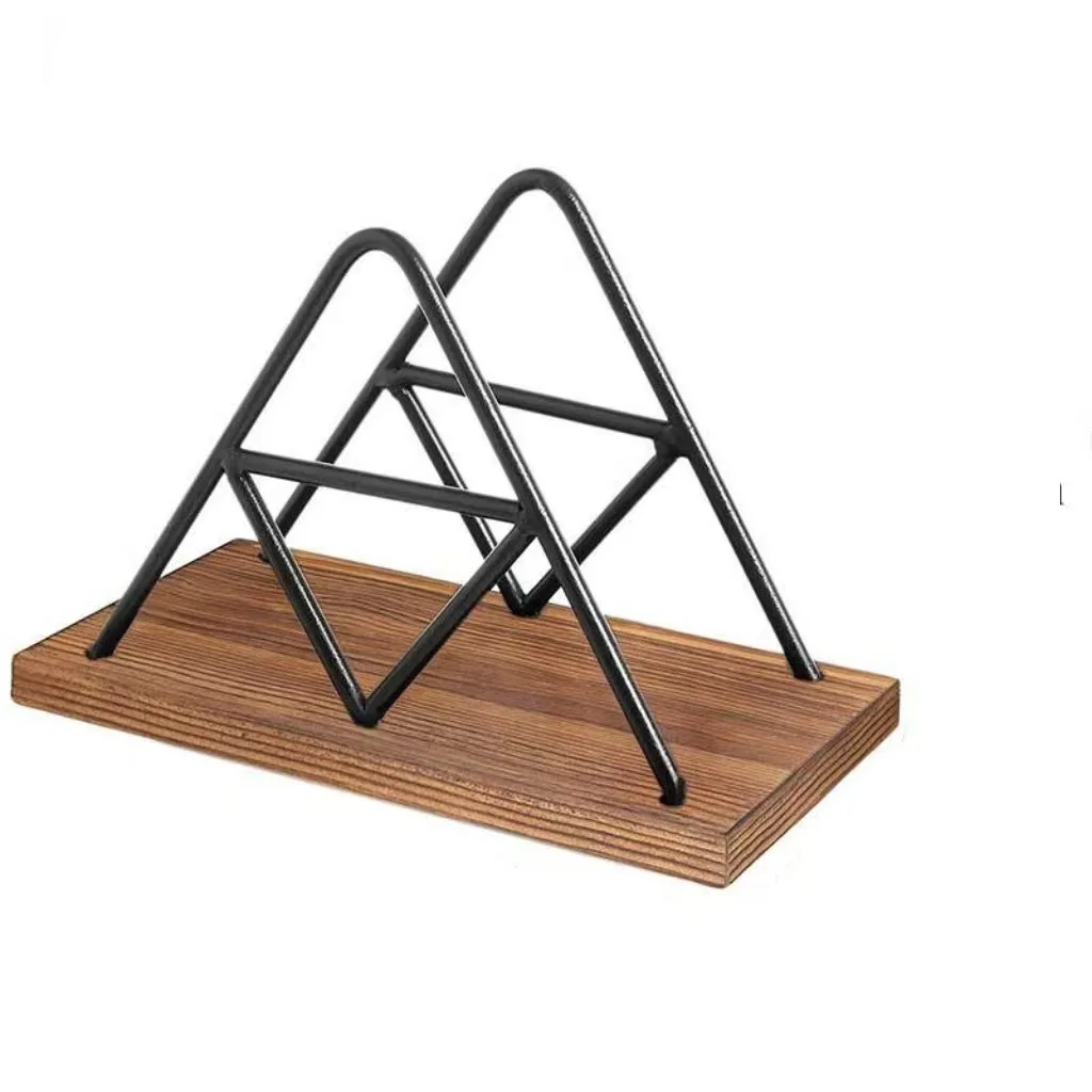 1pc Solid Wood Triangular Tissue Holder Stainless Steel Napkin Holder Desktop Tissue Base Restaurant Table Tissue Storage Rack