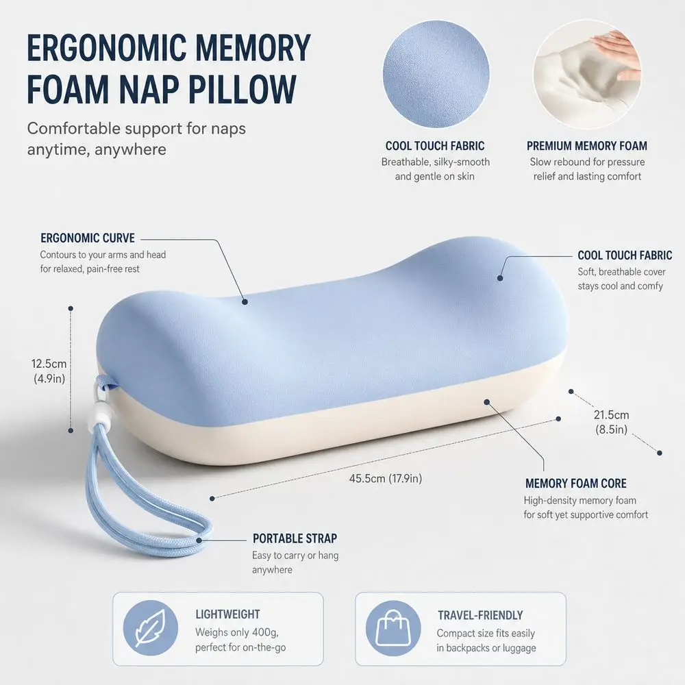 Memory Foam Nap Pillow Ergonomic Breathable Fabric Neck Cushion with Carry Strap Soft Support Desk Pillow Office Desk Rest
