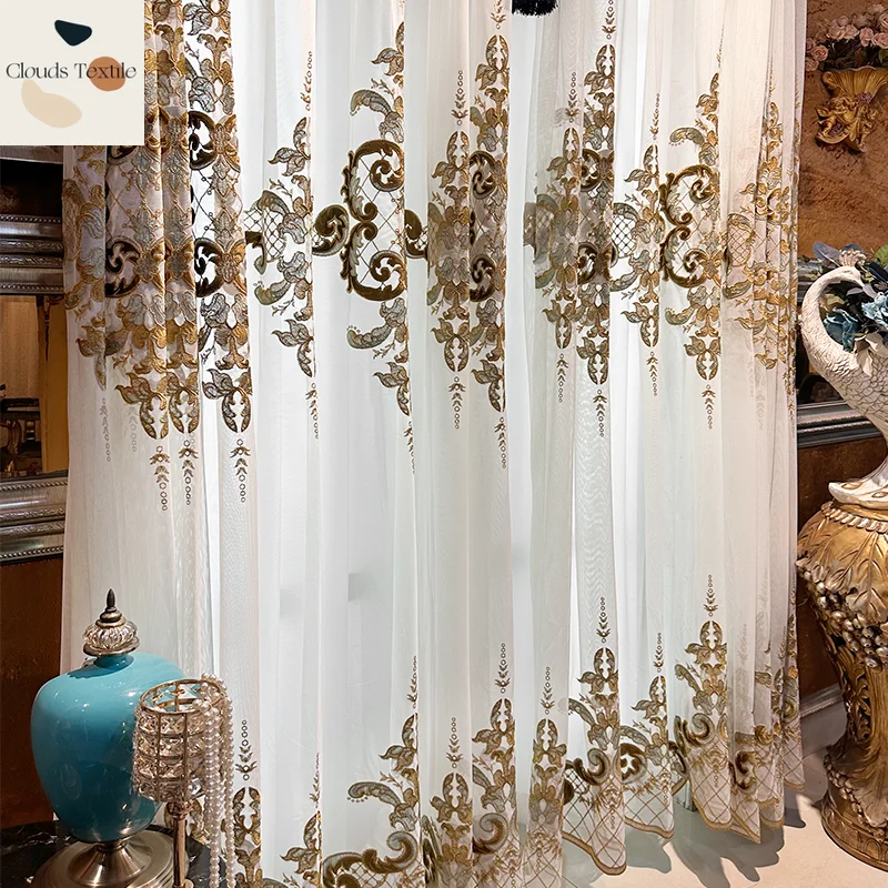 European Style Embroidery Tulle Curtains for Living Room Bedroom Floating Window Screen Modern Luxury Curtains Customize
