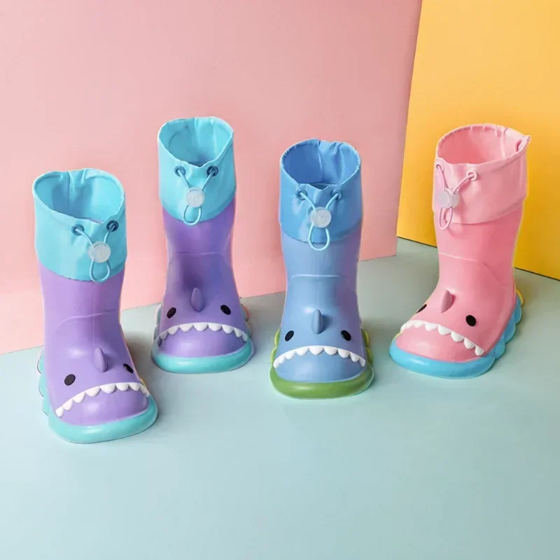 Children Rain Boots Cartoon Shark PVC Waterproof Rainshoes Todller Kids Shoes Boys Girls Water Shoes Soft Sole Anti-Slip Shoes