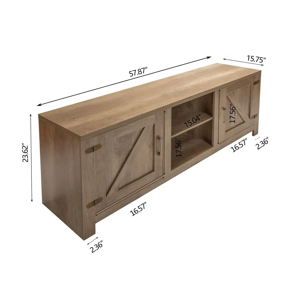 Modern Farmhouse Double Barn Door TV Stand for TVs up to 55 Inches, 58 Inch, Bench TV Cabinet for Living Room, 2 Colors