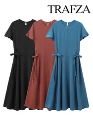 TRAFZA Women Fashion Vitality O-Neck Slim Short Sleeve Pleated Bow Lace-up Dress Summer Female High Street Casual Midi Dress