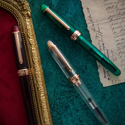 Penna stilografica Natami Pennino fine Convertitore di inchiostro trasparente trasparente Flusso liscio Finiture dorate Chiamata Regalo Custodia in pelle Calligrafia in platino