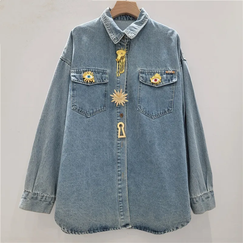 WTHT New Fashion Women's Design Metal Buckle Denim Shirt 2026 Spring Trendy Lapel Long Sleeves Loose Blouse Female 1LS2942