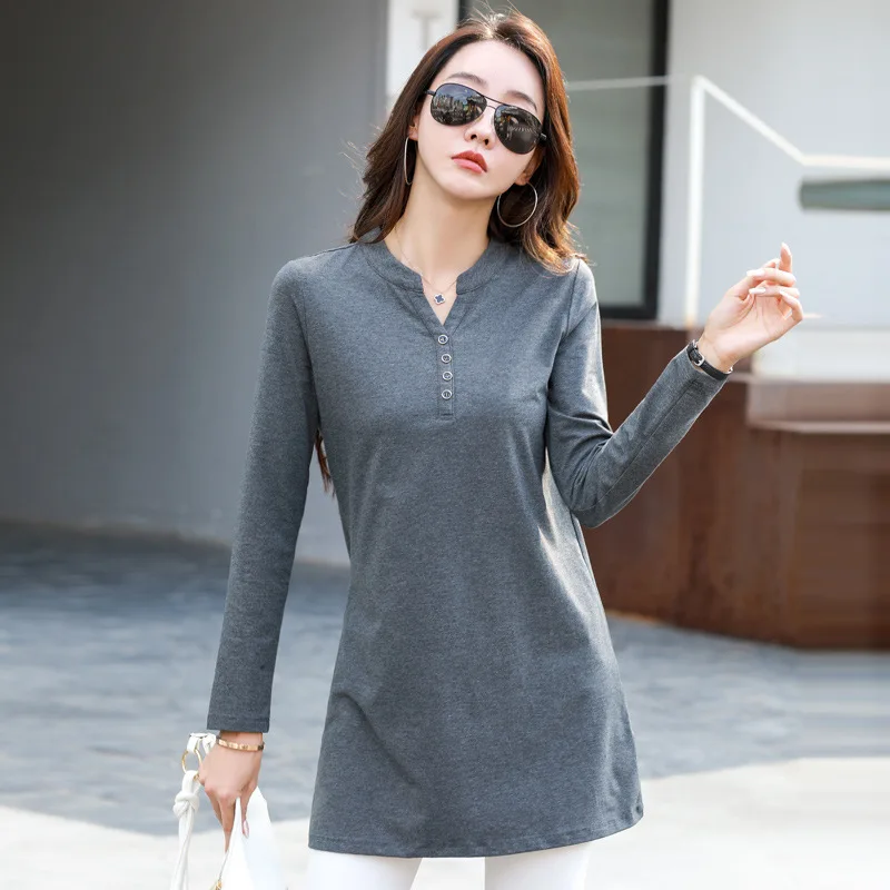 New Spring T Shirt Women Long Sleeve Fashion Pullovers V-Neck Button T-shirt Long Tunic Shirt Autumn Basic Tops Tees Short Dress