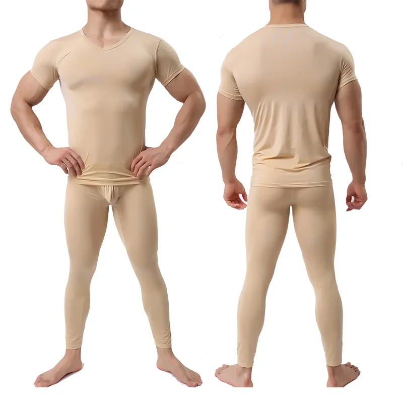 2pcs/set Fashion Underwear Men Long Johns Set Elastic Ultra-thin Silk Translucent Pajamas Tops+Leggings