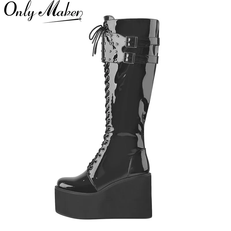 Onlymaker Women Lace-Up Knee High Wedge Boots Round Toe Black Patent Leather Buckle High Heels Zipper Big Size Punk Boots