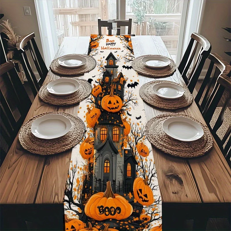 1 Piece of Halloween Themed Table Flag, Ghost Haunted House and Pumpkin Lantern Bat Pattern, Suitable for Parties, Restaurants, Homes, Markets, and Holiday Decoration Scenes.