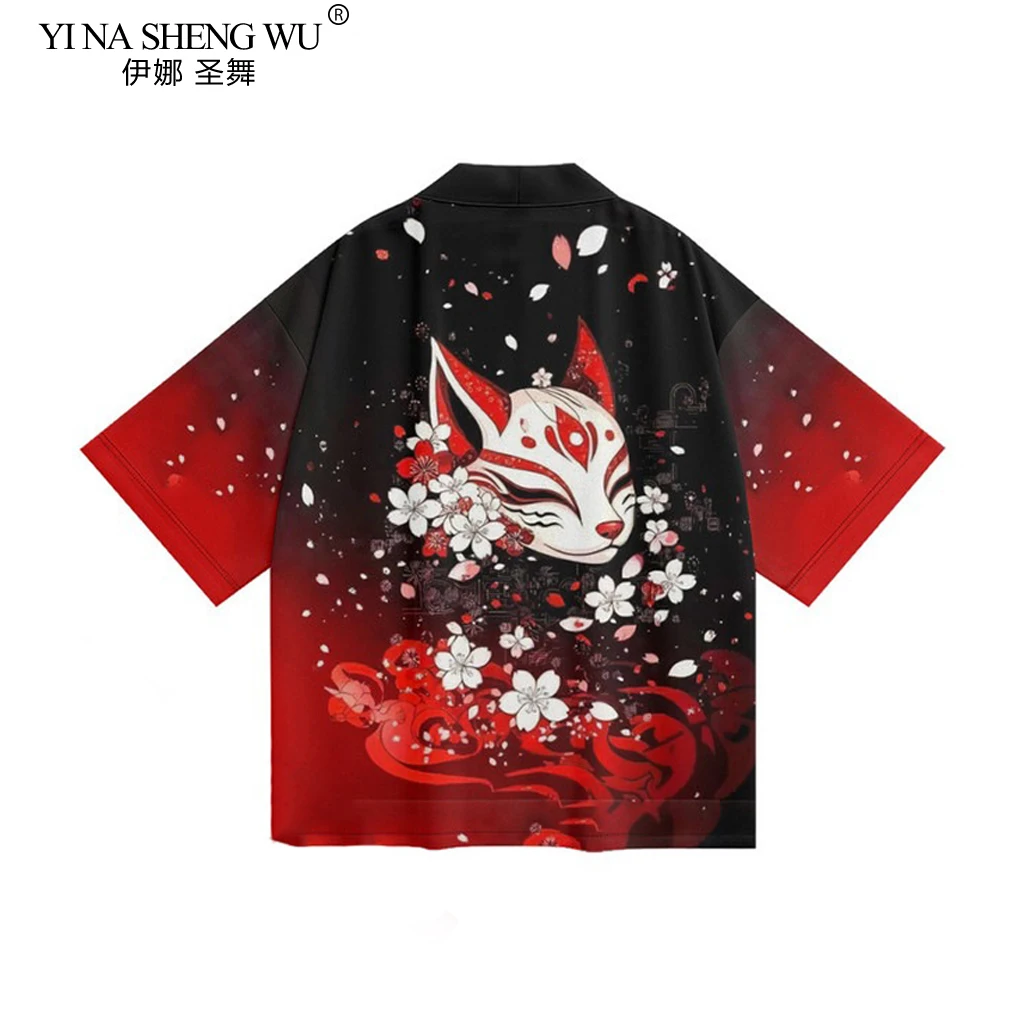 

Japanese Kimono Cardigan Traditional Clothing Summer Fashion Cardigan Cherry Blossom Fox mask Print Fabric Soft And Comfortable