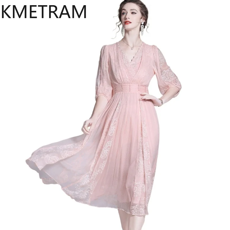 

KMETRAM 100% Mulberry Silk Dress for Women Summer High-end Long Dress Pink V-neck Party Frocks Woman Clothes Платье Женское