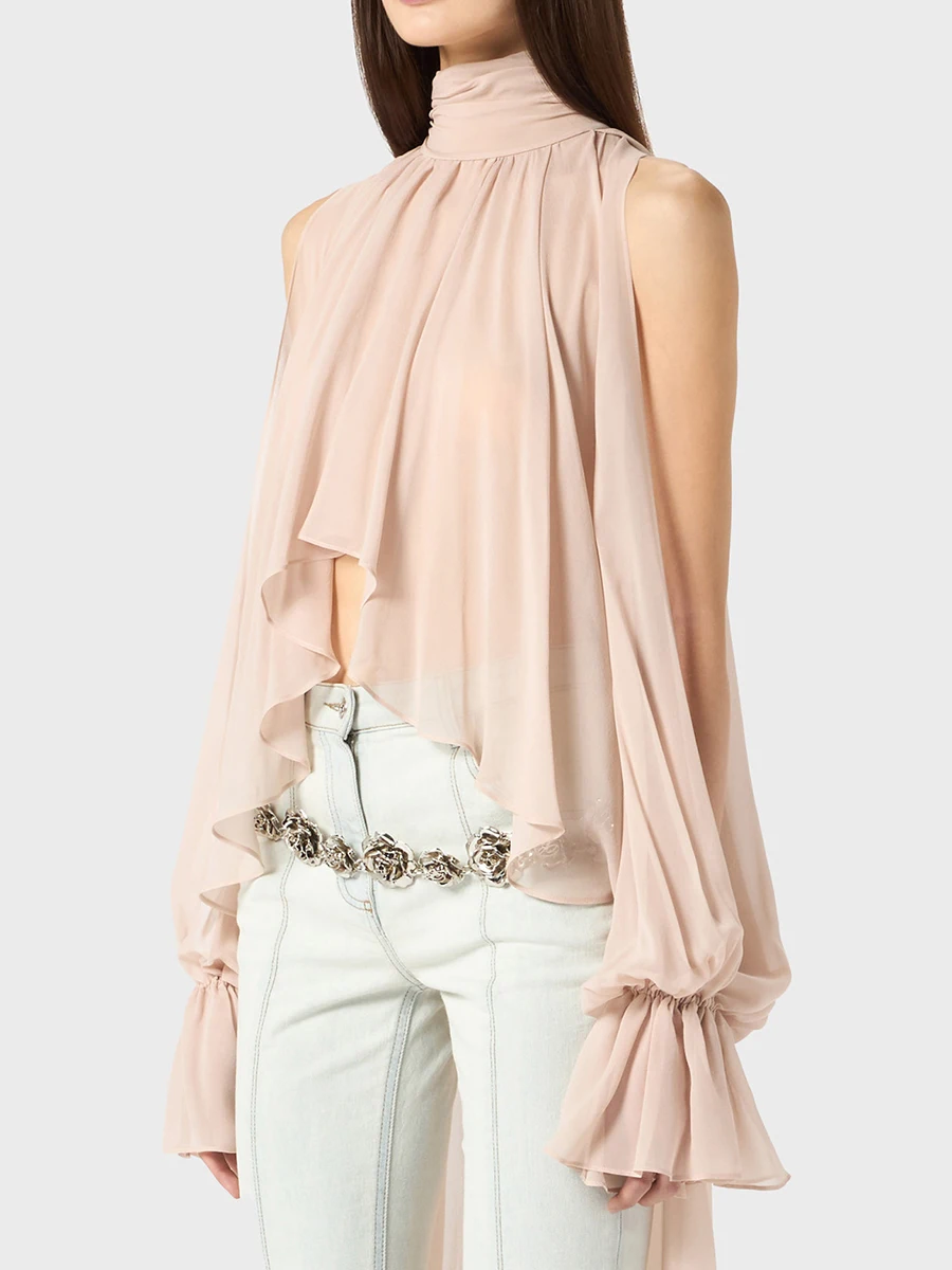 

Halter Neck Irregular Hem Sheer Shirt Women Spring Summer French Chic Elegant Blouse Luxury Tops Designer Minimalsit Shirts 2026