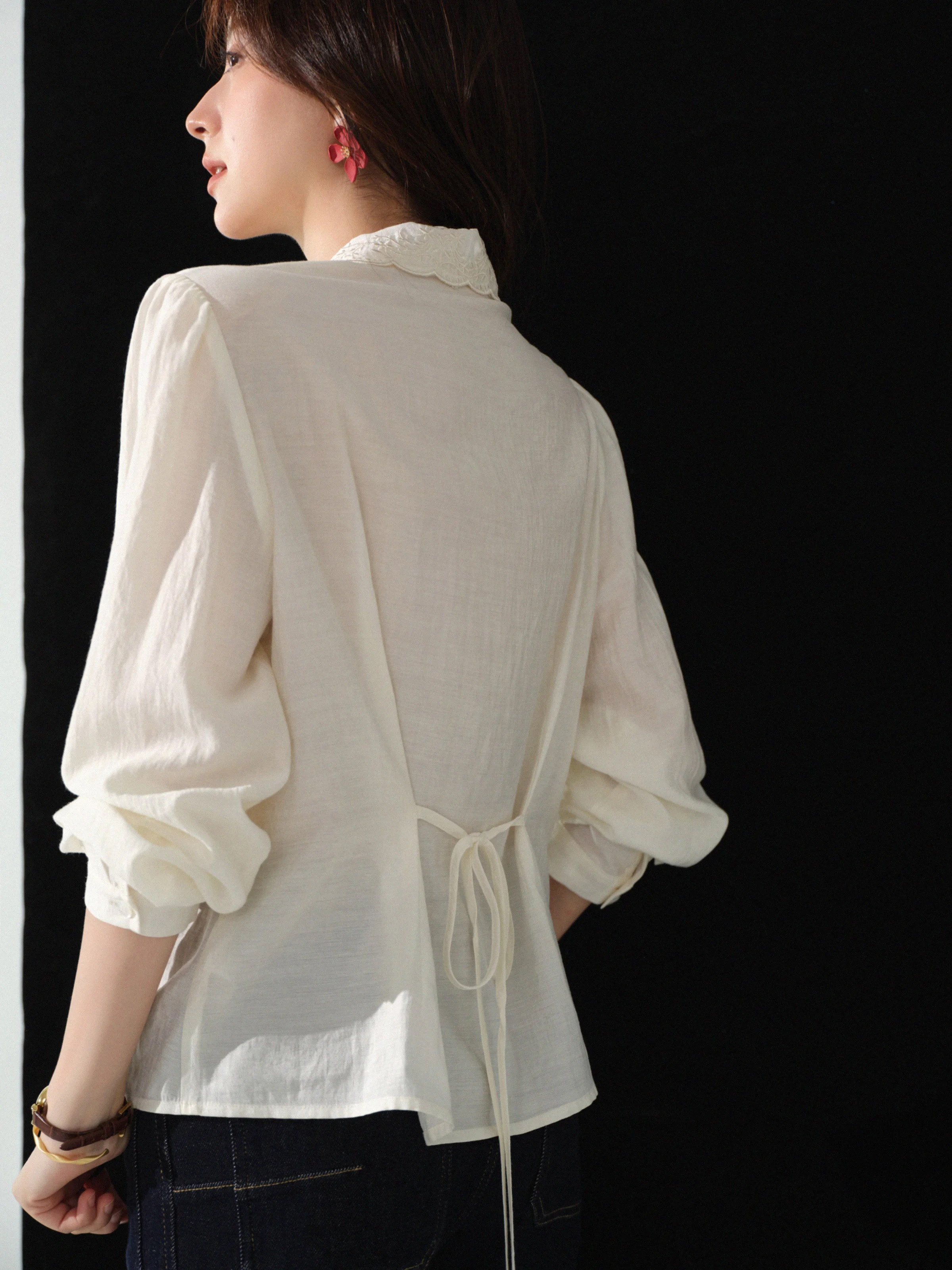 Elegant Embroidery Blouse Women French Vintage Turn Down Collar Shirt Slim Textured Long Sleeve Top for Autumn Casual Chic Wear