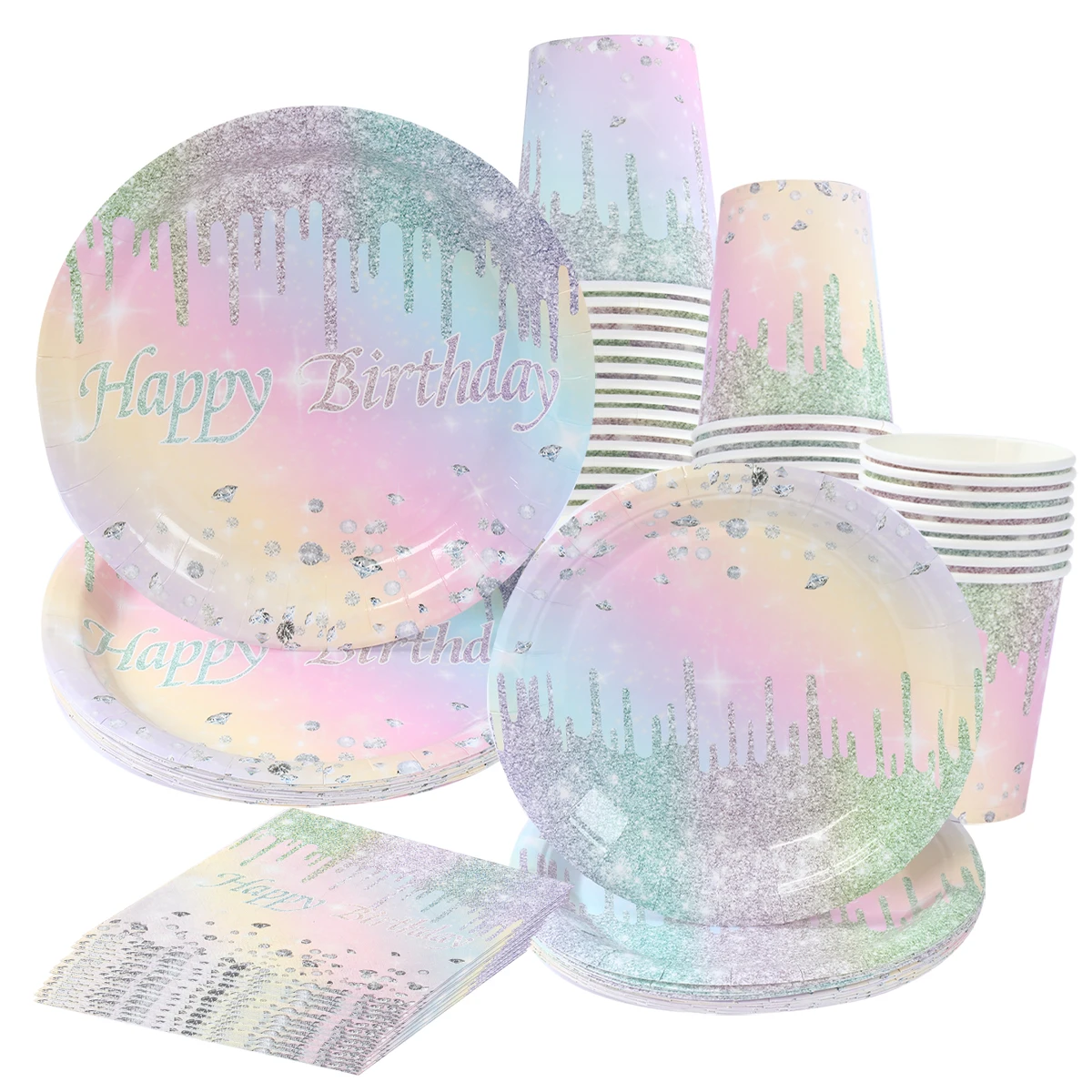 

Dazzle Colorful Laser Disposable Tableware Happy Adult Birthday Party Supplies Dimond Glitter Birthday Party Decoration