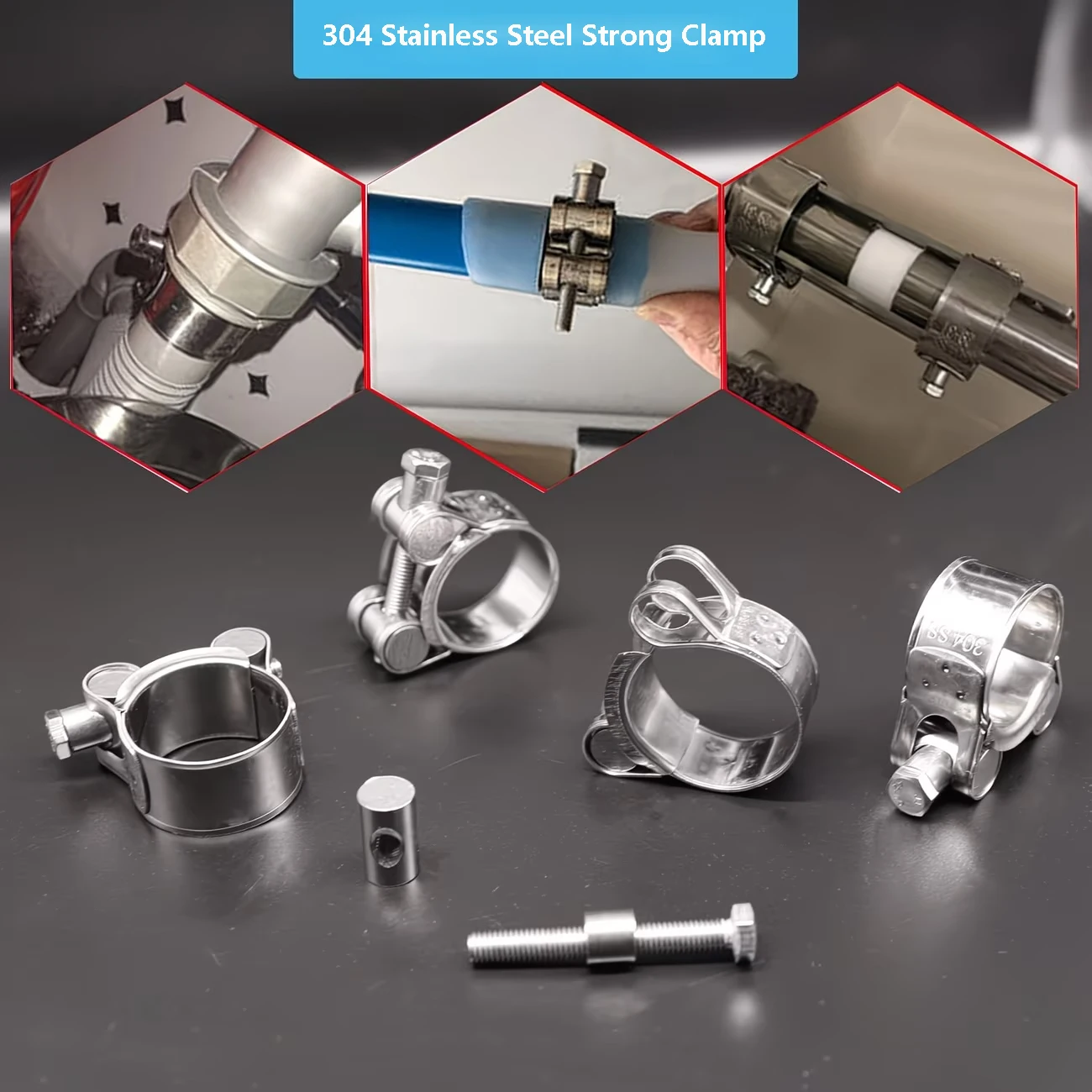 

1piece Heavy Duty Bolt Hose Clamps 304 Stainless Steel Strong Adjustable Hex Bolt Wide Band Pipe Clamp for Automotive Plumbing