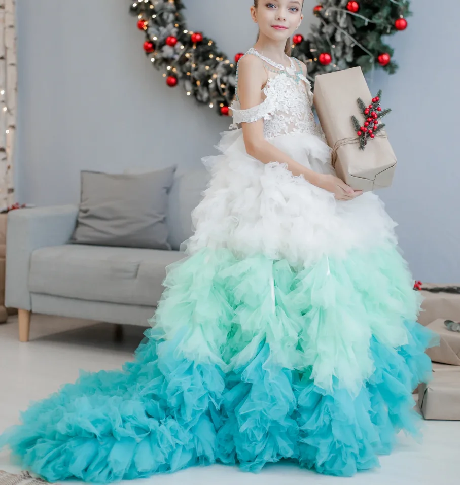 

New Flower Girls Dresses for Wedding Guest Kids Tiered Tulle Ball Gown Birthday Party Pageant Dresses First Communion